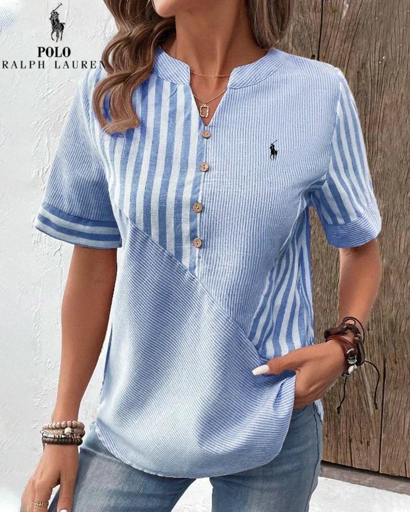 RALPH LAUREN - Hemd aus Baumwolle und Leinen mit asymmetrischen Streifen und V-Ausschnitt