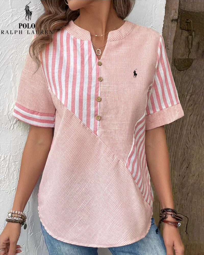 RALPH LAUREN - Hemd aus Baumwolle und Leinen mit asymmetrischen Streifen und V-Ausschnitt