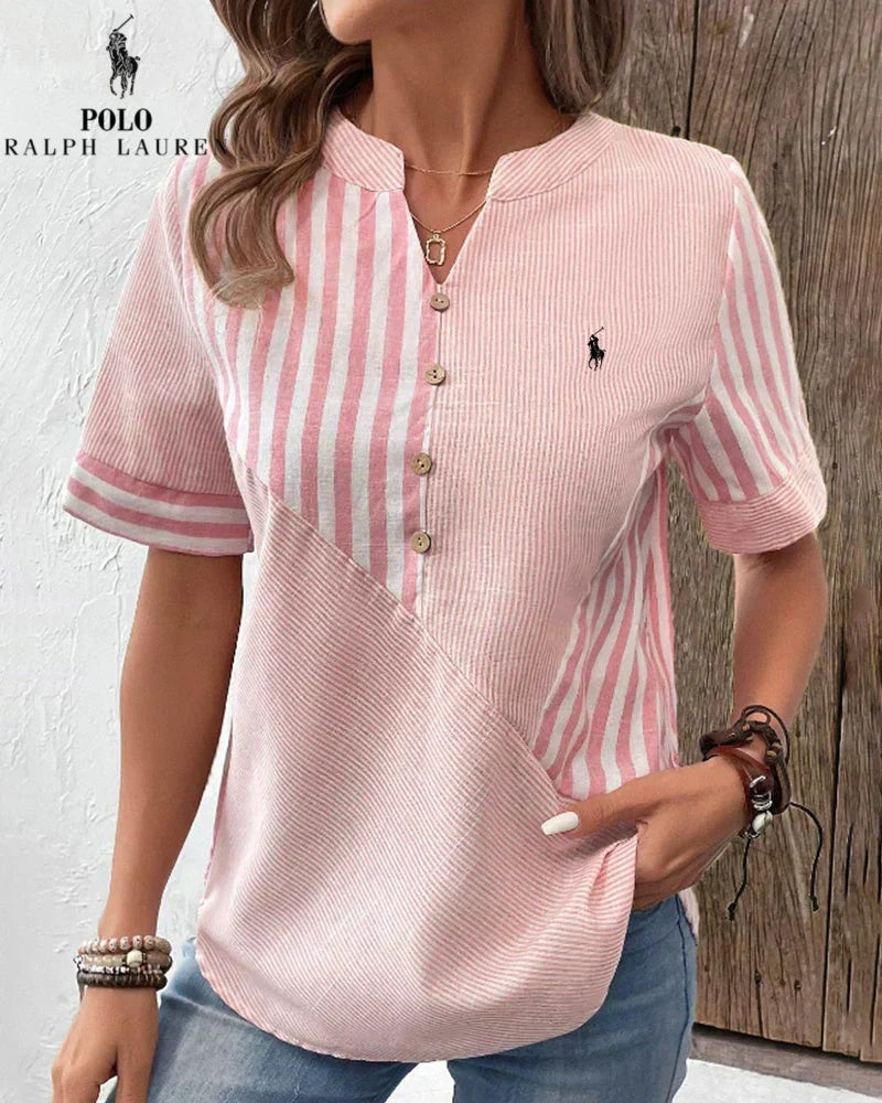 RALPH LAUREN - Hemd aus Baumwolle und Leinen mit asymmetrischen Streifen und V-Ausschnitt