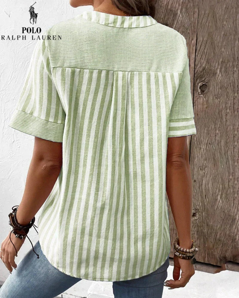 RALPH LAUREN - Hemd aus Baumwolle und Leinen mit asymmetrischen Streifen und V-Ausschnitt