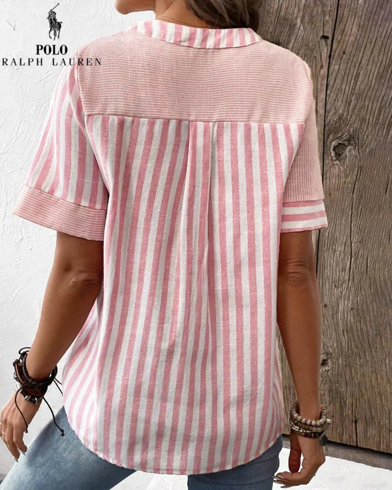 RALPH LAUREN - Hemd aus Baumwolle und Leinen mit asymmetrischen Streifen und V-Ausschnitt