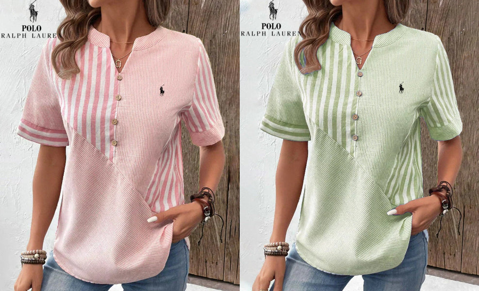 RALPH LAUREN - Hemd aus Baumwolle und Leinen mit asymmetrischen Streifen und V-Ausschnitt
